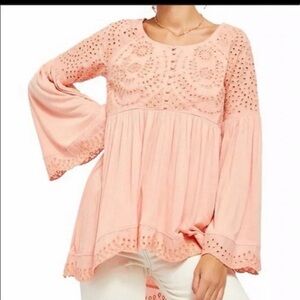 Free People sea of love Peach Eyelet Bell sleeve tunic top oversized NEW
